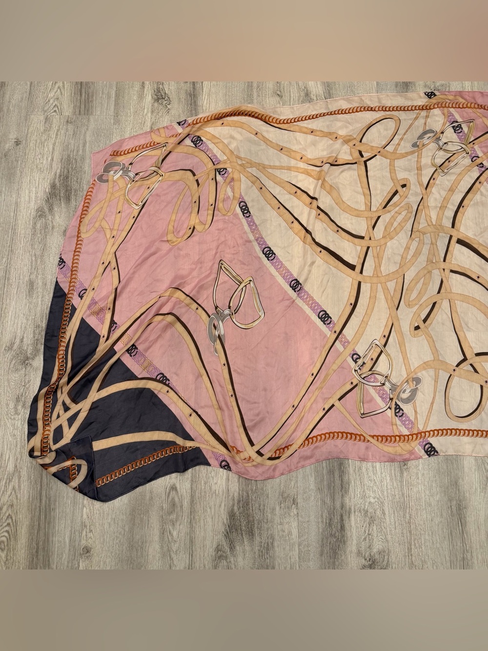 Oversized Equestrian Print Scarf Shawl Pink Cream Navy Silk Feel Wrap